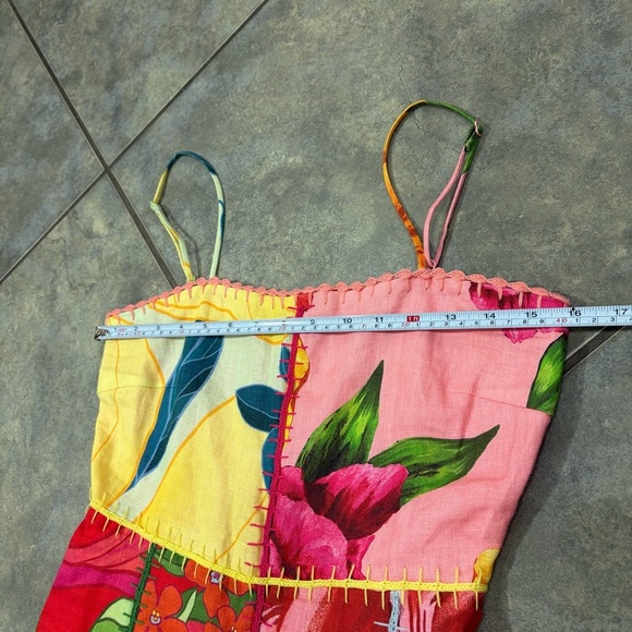 Farm Rio Mixed Garden Dress Floral Patch Linen Midi Sz XS Boho Beachy Wedding - Picture 12 of 14